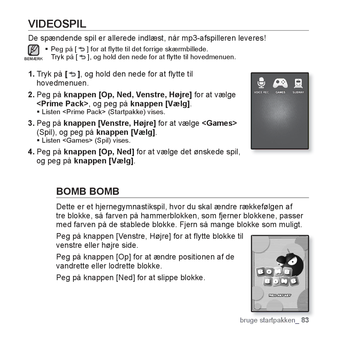 Samsung YP-Q1JAB/XEE, YP-Q1JEB/XEE, YP-Q1JCB/XEE manual Videospil, Bomb Bomb 