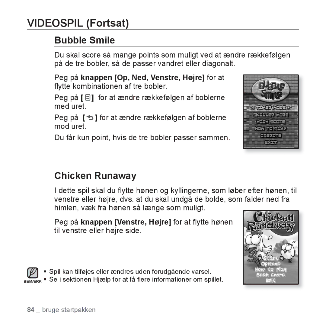 Samsung YP-Q1JEB/XEE, YP-Q1JCB/XEE, YP-Q1JAB/XEE manual Videospil Fortsat, Bubble Smile, Chicken Runaway 