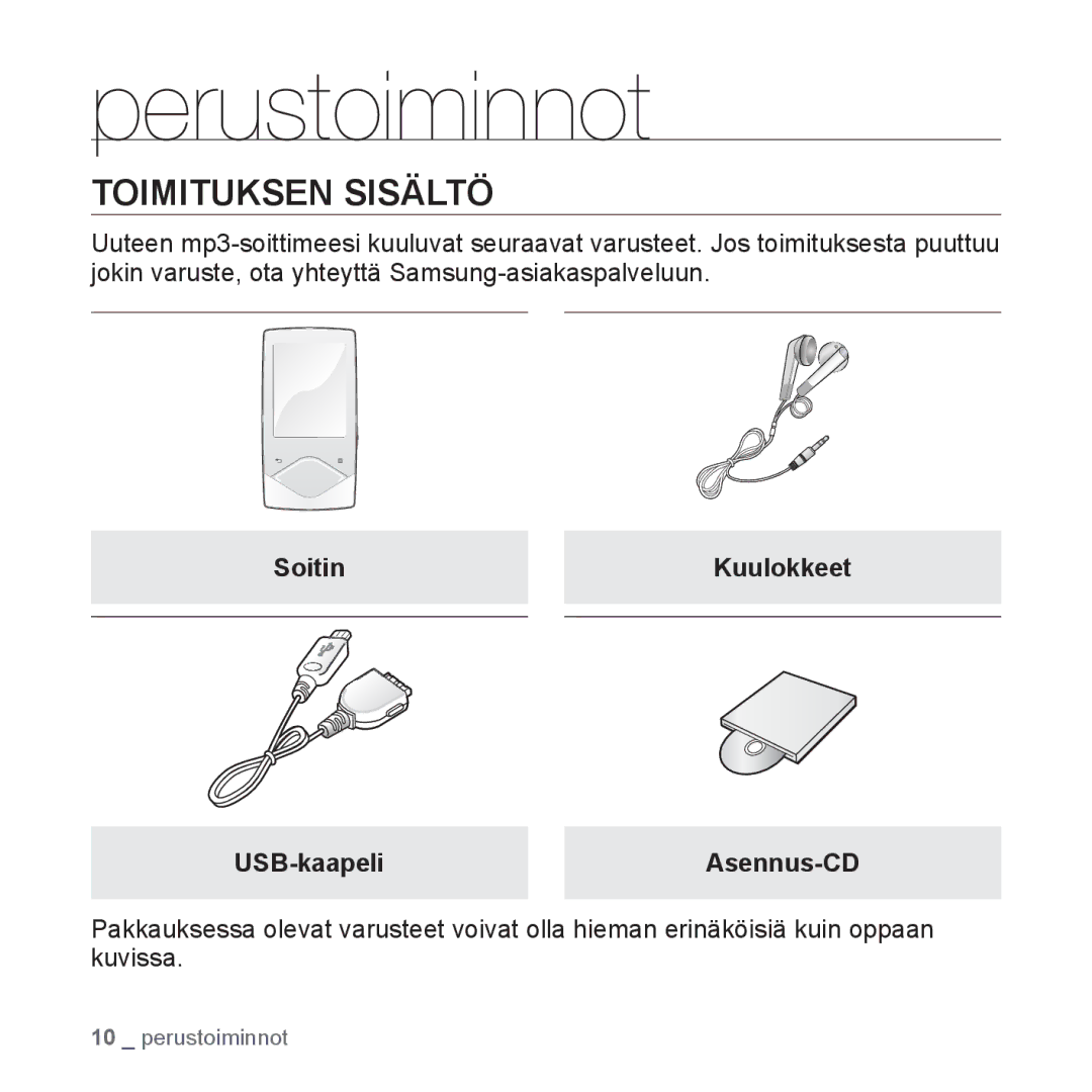 Samsung YP-Q1JCB/XEE, YP-Q1JEB/XEE manual Perustoiminnot, Toimituksen Sisältö, Soitin Kuulokkeet USB-kaapeliAsennus-CD 