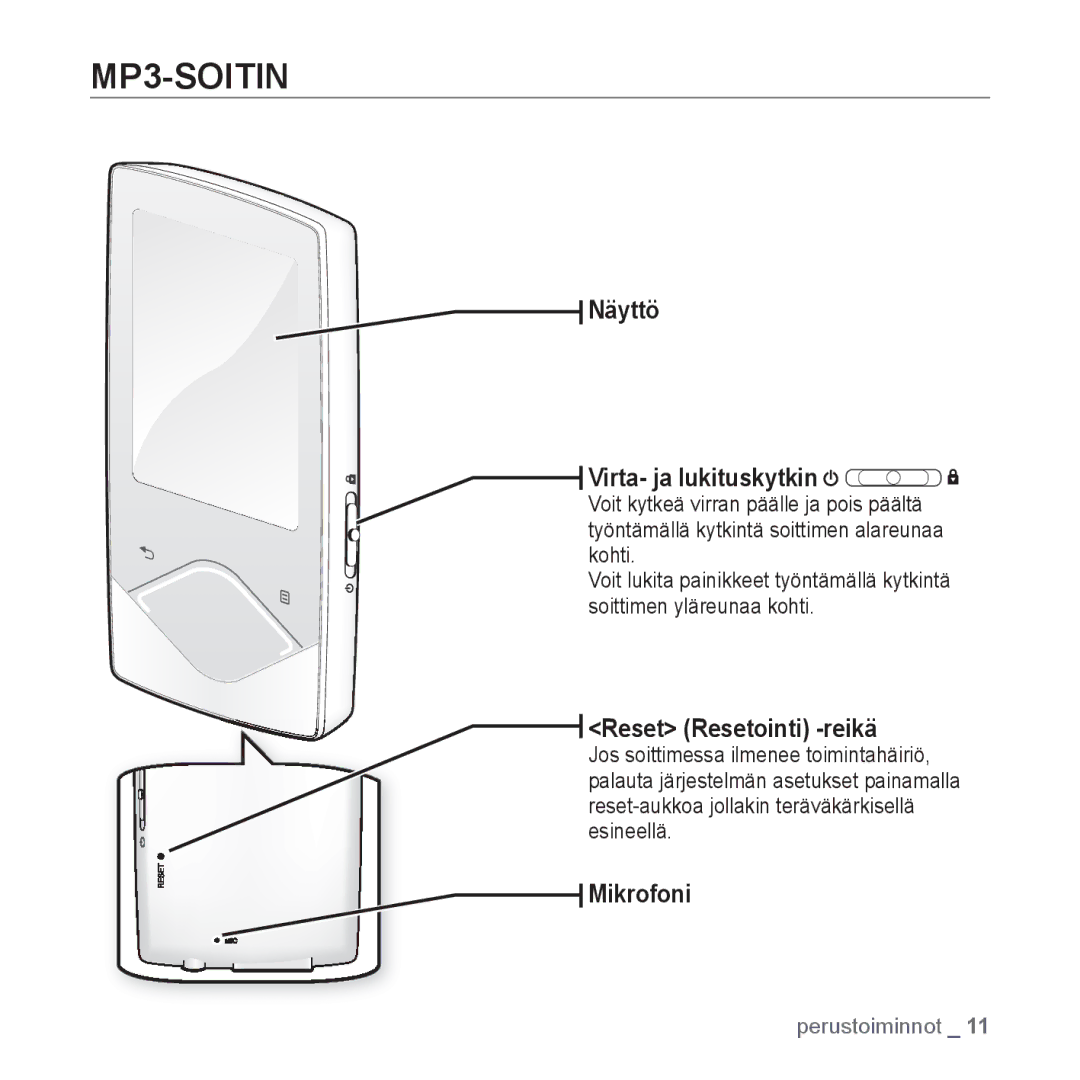 Samsung YP-Q1JAB/XEE, YP-Q1JEB/XEE manual MP3-SOITIN, Näyttö Virta- ja lukituskytkin, Reset Resetointi -reikä, Mikrofoni 