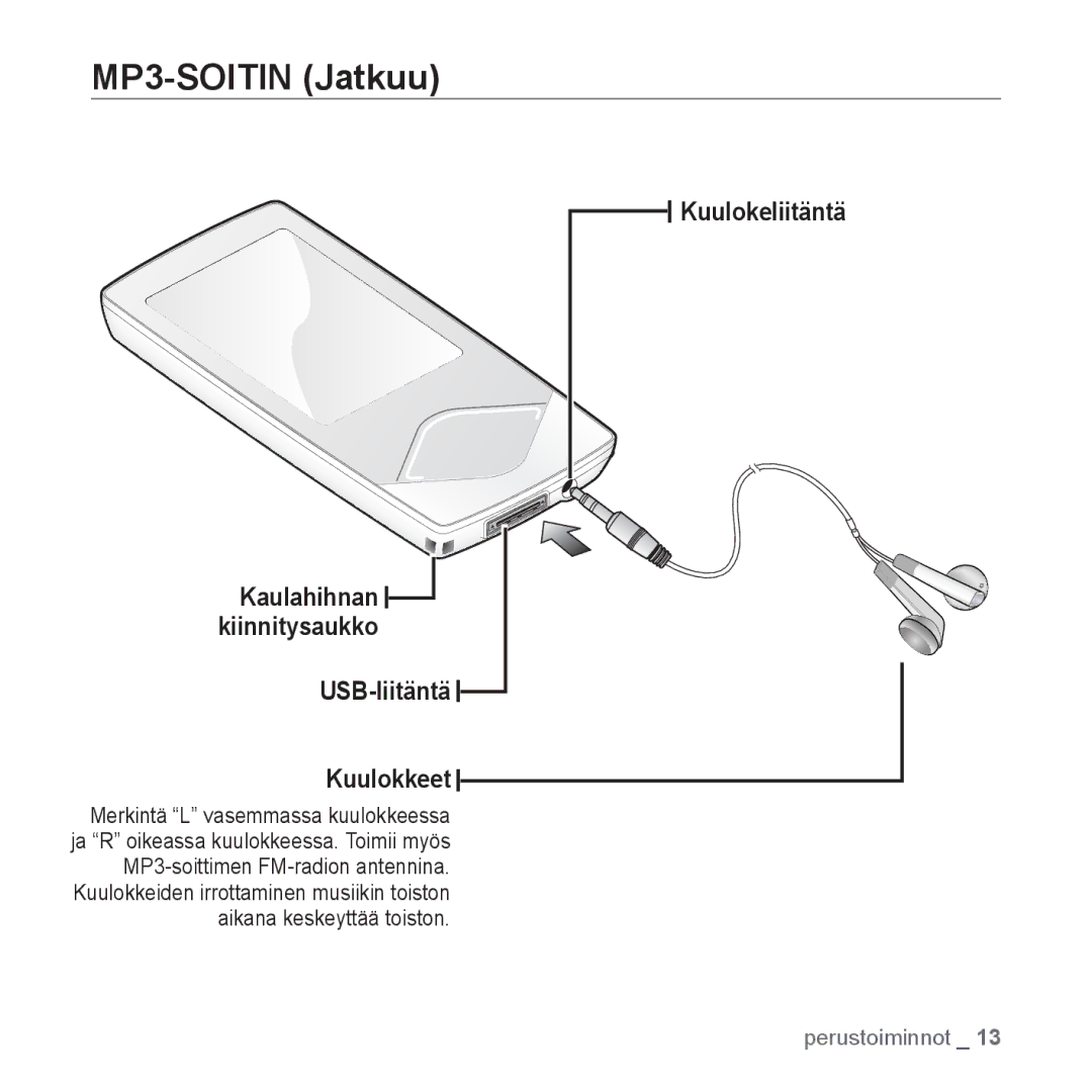 Samsung YP-Q1JCB/XEE, YP-Q1JEB/XEE, YP-Q1JAB/XEE manual Kuulokeliitäntä, USB-liitäntä Kuulokkeet 