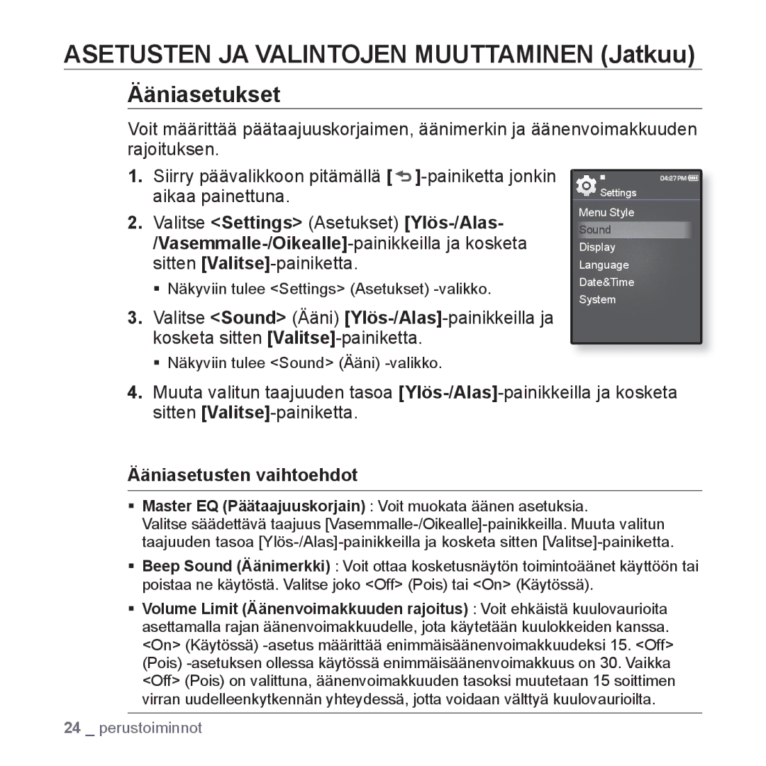 Samsung YP-Q1JEB/XEE, YP-Q1JCB/XEE Asetusten JA Valintojen Muuttaminen Jatkuu, Ääniasetukset, Ääniasetusten vaihtoehdot 