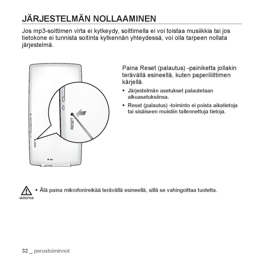 Samsung YP-Q1JAB/XEE, YP-Q1JEB/XEE, YP-Q1JCB/XEE manual Järjestelmän Nollaaminen 