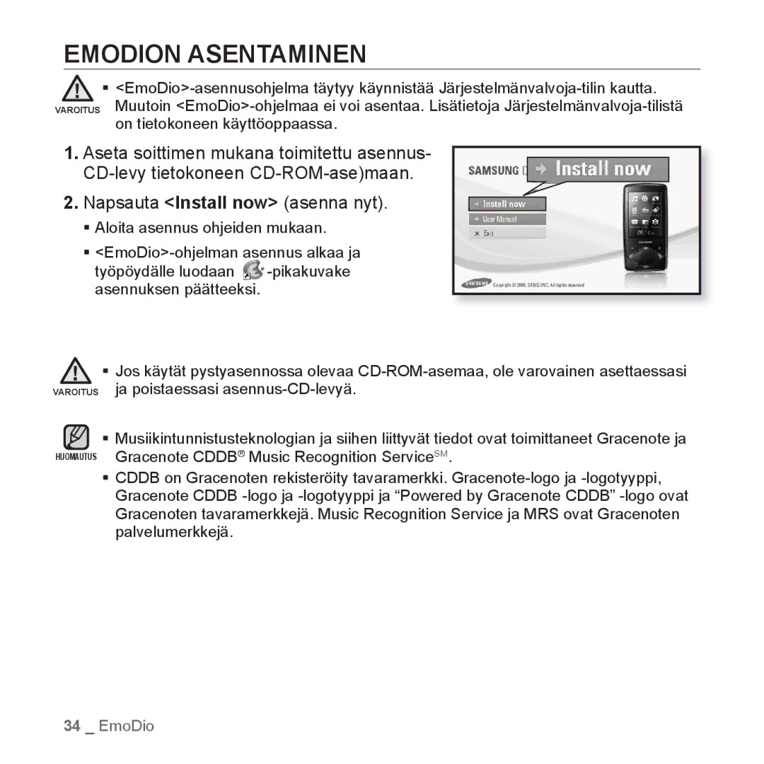 Samsung YP-Q1JCB/XEE, YP-Q1JEB/XEE, YP-Q1JAB/XEE manual Emodion Asentaminen 