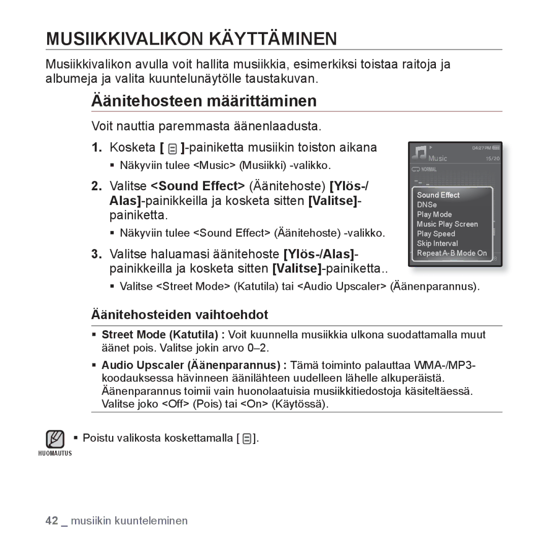 Samsung YP-Q1JEB/XEE, YP-Q1JCB/XEE Musiikkivalikon Käyttäminen, Äänitehosteen määrittäminen, Äänitehosteiden vaihtoehdot 