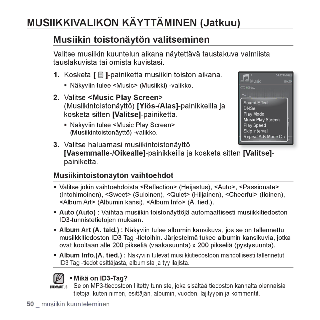 Samsung YP-Q1JAB/XEE, YP-Q1JEB/XEE, YP-Q1JCB/XEE manual Musiikin toistonäytön valitseminen, Musiikintoistonäytön vaihtoehdot 