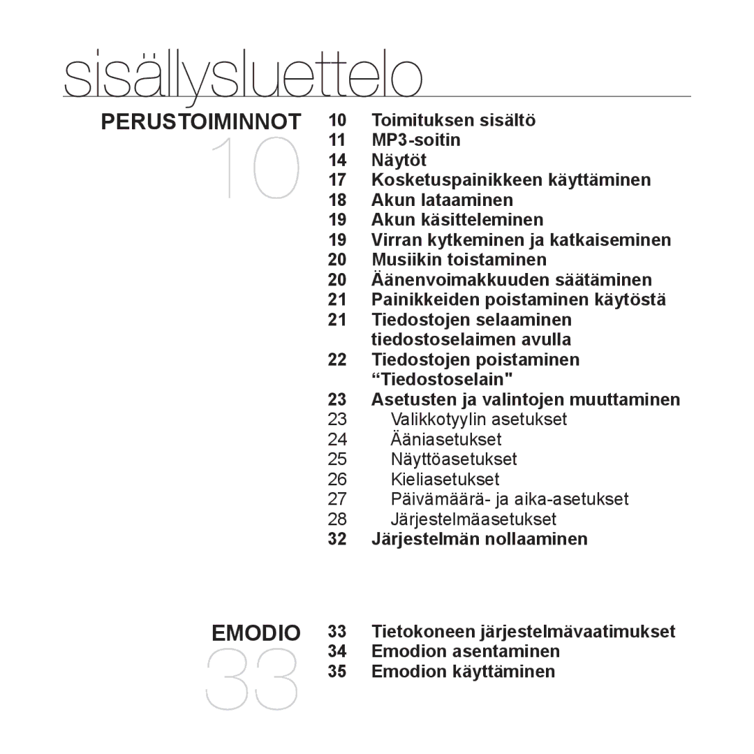 Samsung YP-Q1JEB/XEE, YP-Q1JCB/XEE Sisällysluettelo, Järjestelmän nollaaminen, Emodion asentaminen, Emodion käyttäminen 