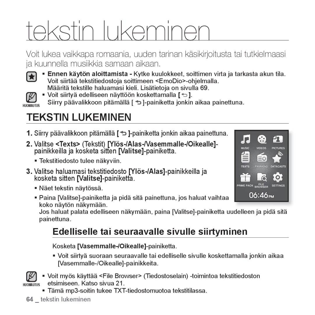 Samsung YP-Q1JCB/XEE, YP-Q1JEB/XEE Tekstin lukeminen, Tekstin Lukeminen, Edelliselle tai seuraavalle sivulle siirtyminen 