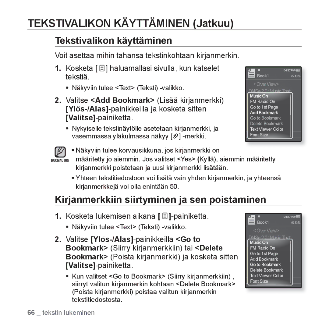 Samsung YP-Q1JEB/XEE, YP-Q1JCB/XEE, YP-Q1JAB/XEE manual Tekstivalikon Käyttäminen Jatkuu, Tekstivalikon käyttäminen 