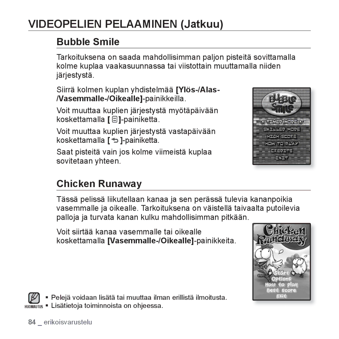 Samsung YP-Q1JEB/XEE, YP-Q1JCB/XEE, YP-Q1JAB/XEE manual Videopelien Pelaaminen Jatkuu, Bubble Smile, Chicken Runaway 