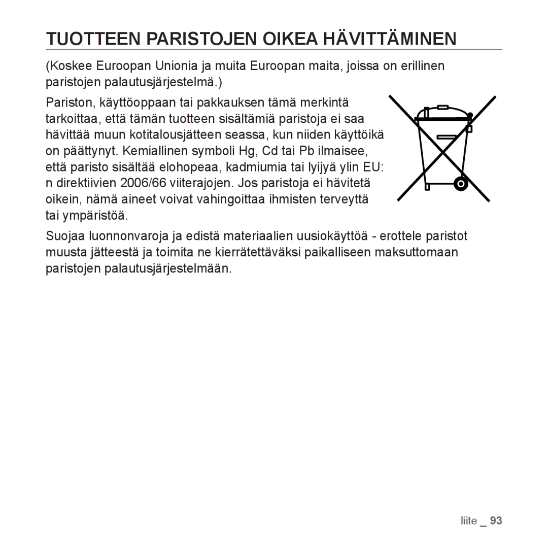 Samsung YP-Q1JEB/XEE, YP-Q1JCB/XEE, YP-Q1JAB/XEE manual Tuotteen Paristojen Oikea Hävittäminen 