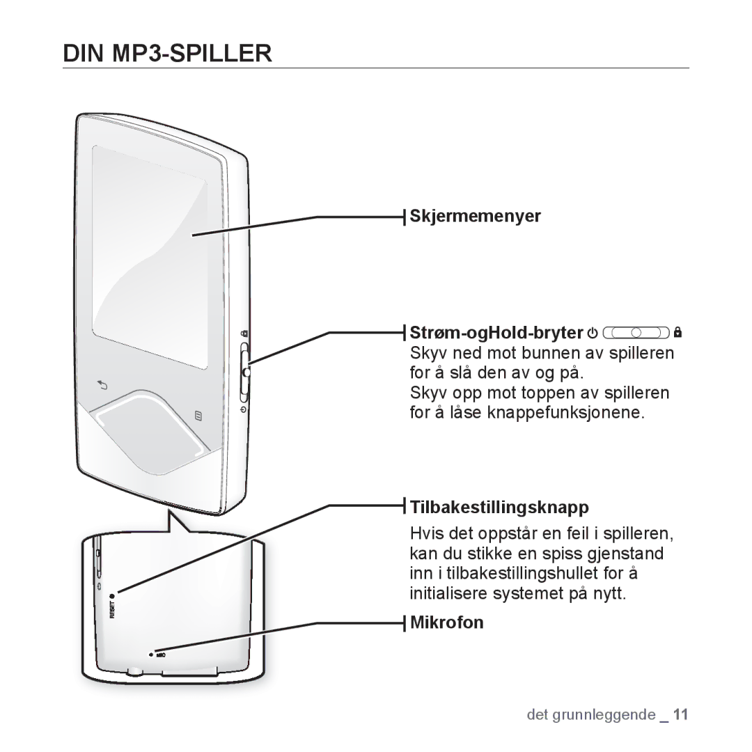 Samsung YP-Q1JAB/XEE, YP-Q1JEB/XEE, YP-Q1JCB/XEE manual DIN MP3-SPILLER, Tilbakestillingsknapp, Mikrofon 