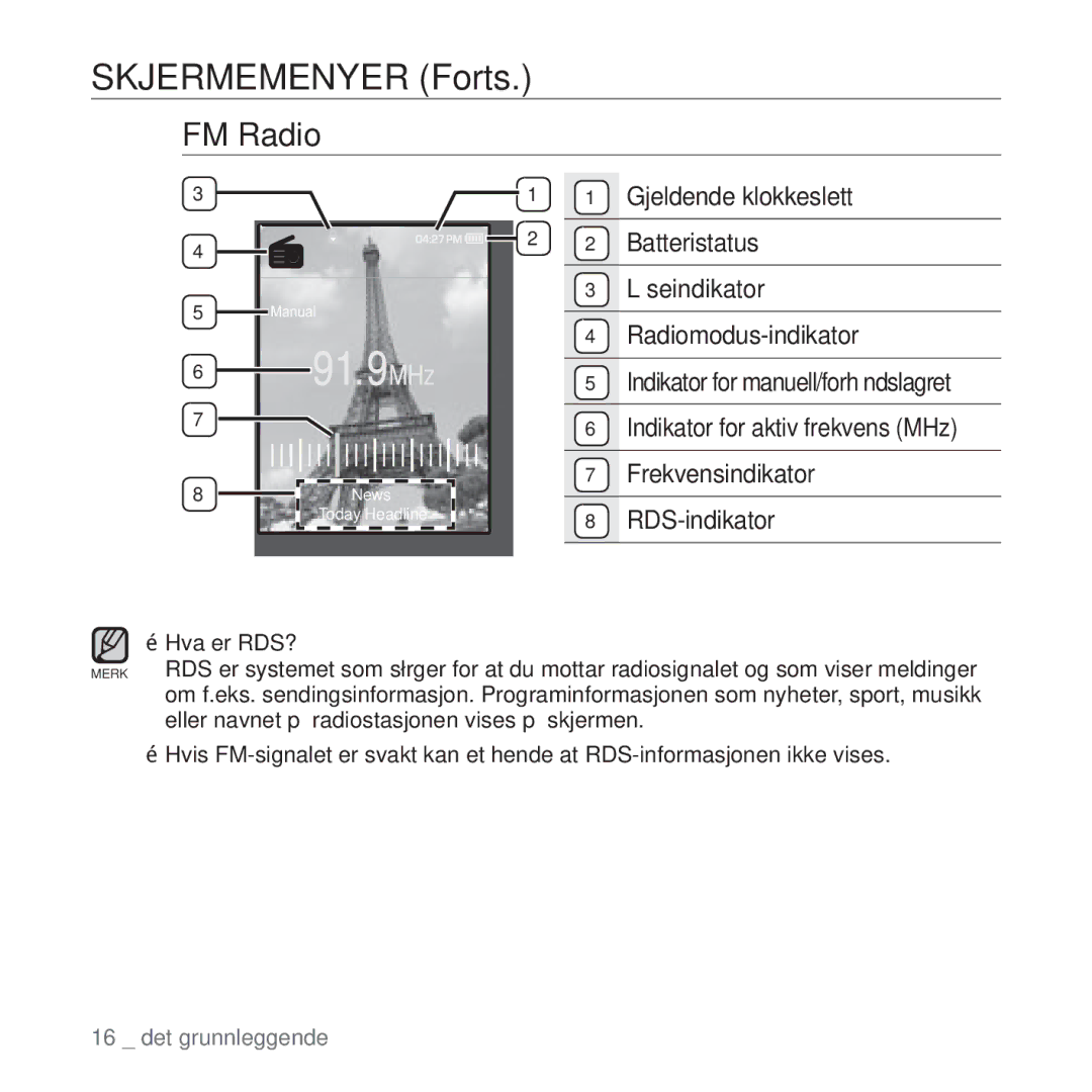 Samsung YP-Q1JCB/XEE, YP-Q1JEB/XEE, YP-Q1JAB/XEE manual FM Radio, Låseindikator Radiomodus-indikator 