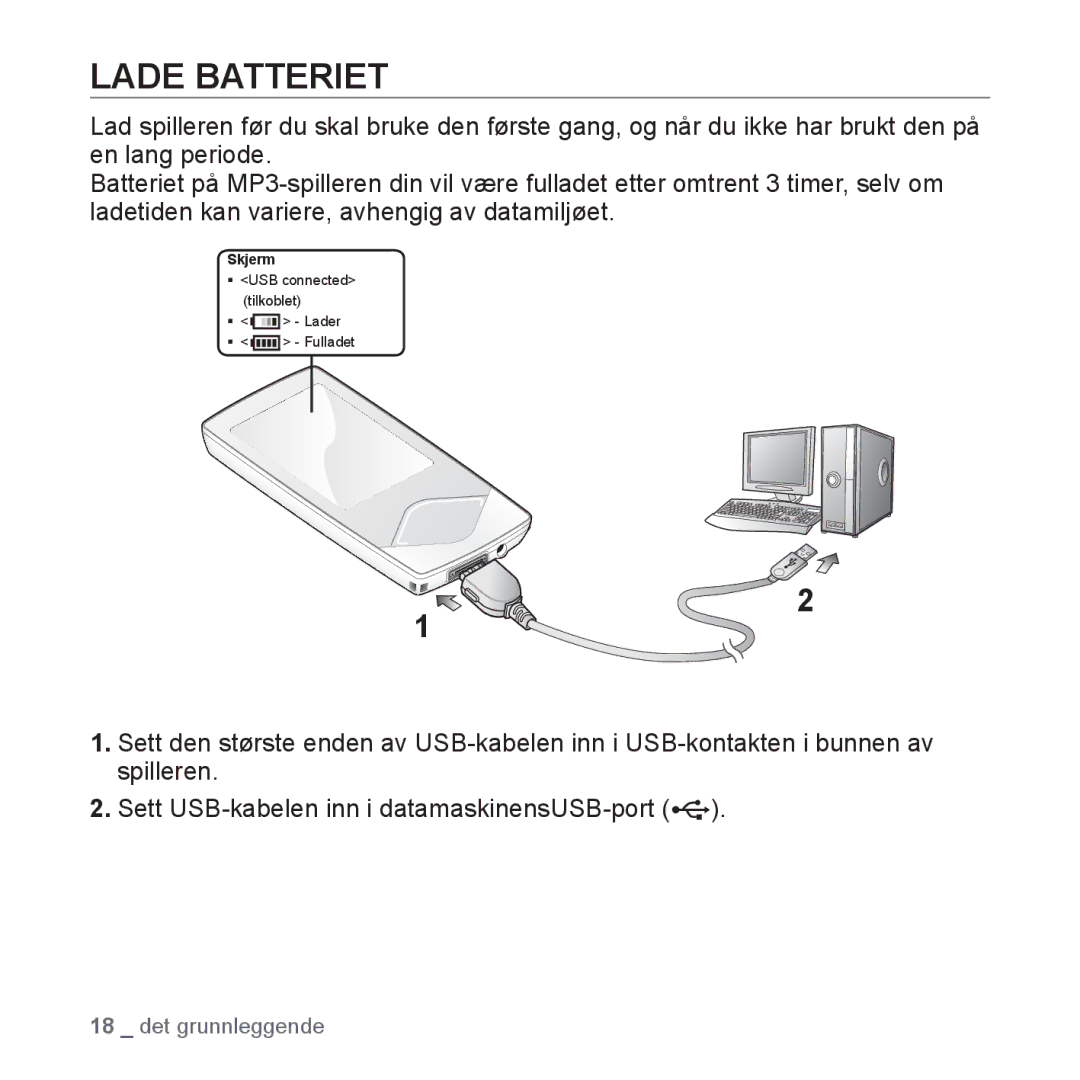 Samsung YP-Q1JEB/XEE, YP-Q1JCB/XEE, YP-Q1JAB/XEE manual Lade Batteriet 