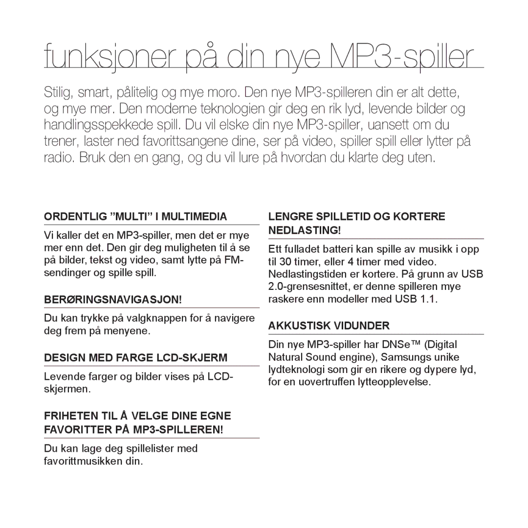 Samsung YP-Q1JAB/XEE, YP-Q1JEB/XEE, YP-Q1JCB/XEE manual Funksjoner på din nye MP3-spiller 