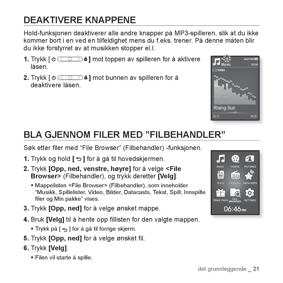 Samsung YP-Q1JEB/XEE, YP-Q1JCB/XEE, YP-Q1JAB/XEE manual Deaktivere Knappene, BLA Gjennom Filer MED Filbehandler 