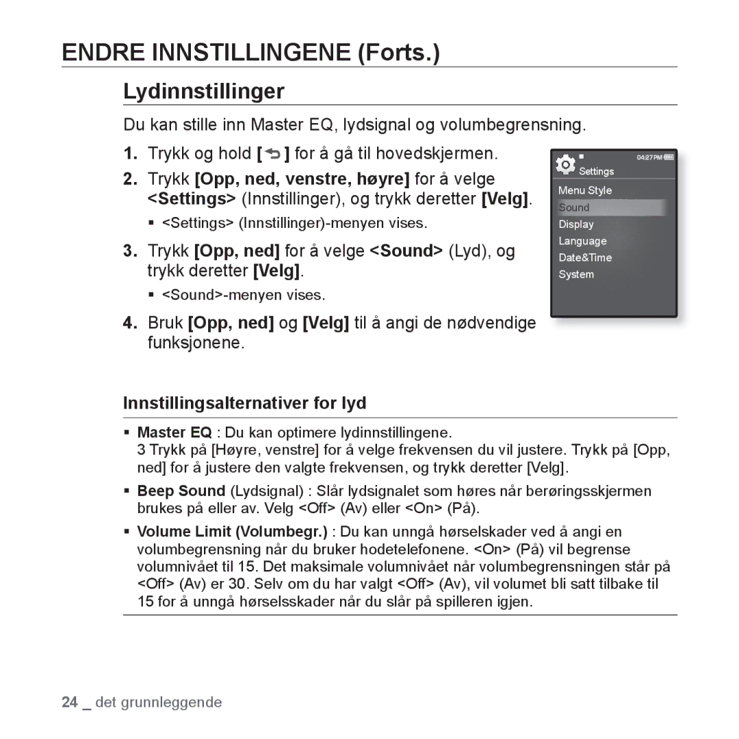 Samsung YP-Q1JEB/XEE, YP-Q1JCB/XEE manual Endre Innstillingene Forts, Lydinnstillinger, Innstillingsalternativer for lyd 