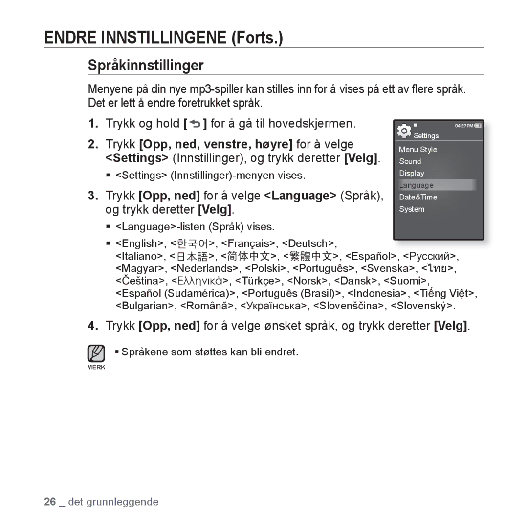 Samsung YP-Q1JAB/XEE, YP-Q1JEB/XEE, YP-Q1JCB/XEE manual Språkinnstillinger 