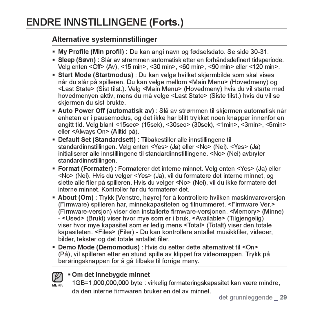 Samsung YP-Q1JAB/XEE, YP-Q1JEB/XEE, YP-Q1JCB/XEE manual Alternative systeminnstillinger, ƒ Om det innebygde minnet 