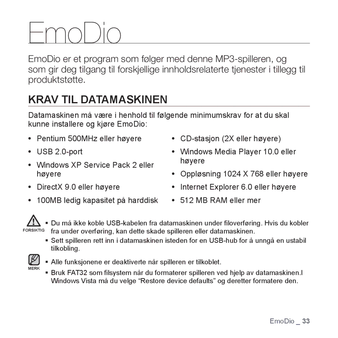 Samsung YP-Q1JEB/XEE, YP-Q1JCB/XEE, YP-Q1JAB/XEE manual EmoDio, Krav TIL Datamaskinen 