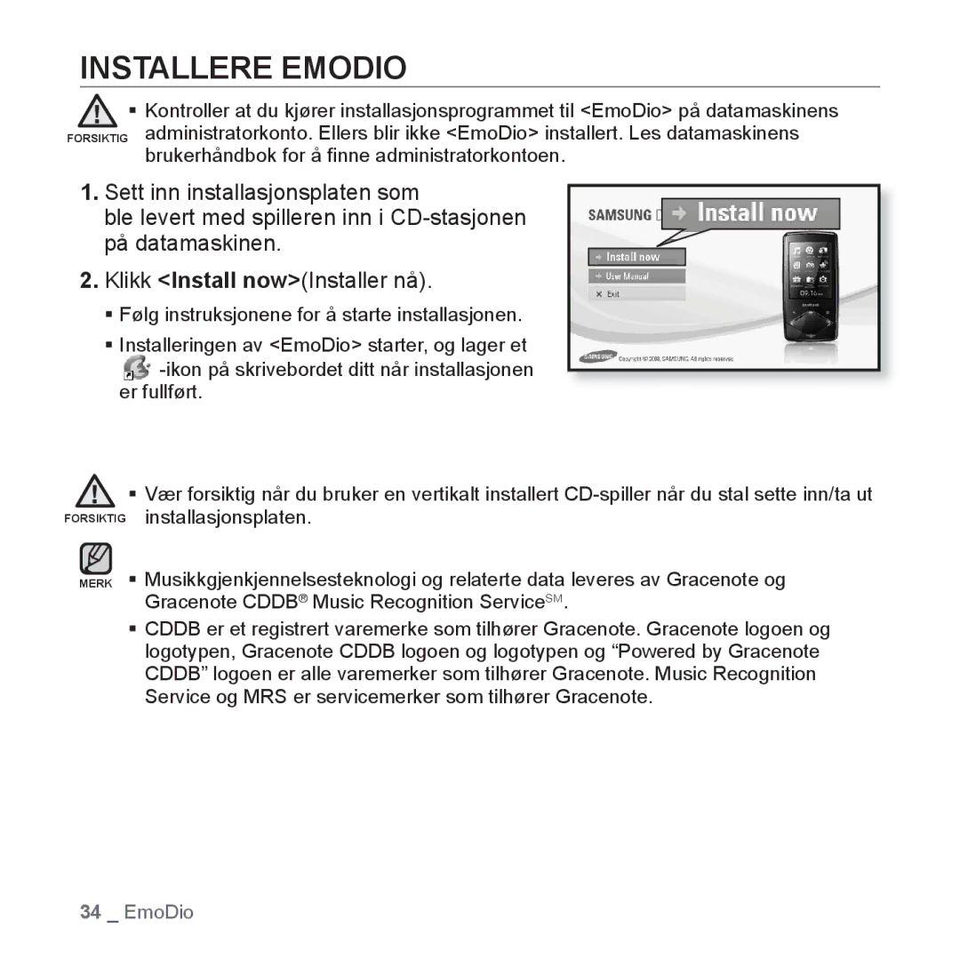 Samsung YP-Q1JCB/XEE, YP-Q1JEB/XEE, YP-Q1JAB/XEE manual Installere Emodio 