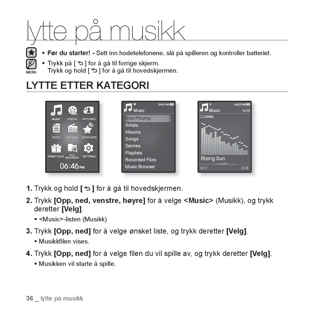 Samsung YP-Q1JEB/XEE, YP-Q1JCB/XEE, YP-Q1JAB/XEE manual Lytte på musikk, Lytte Etter Kategori 