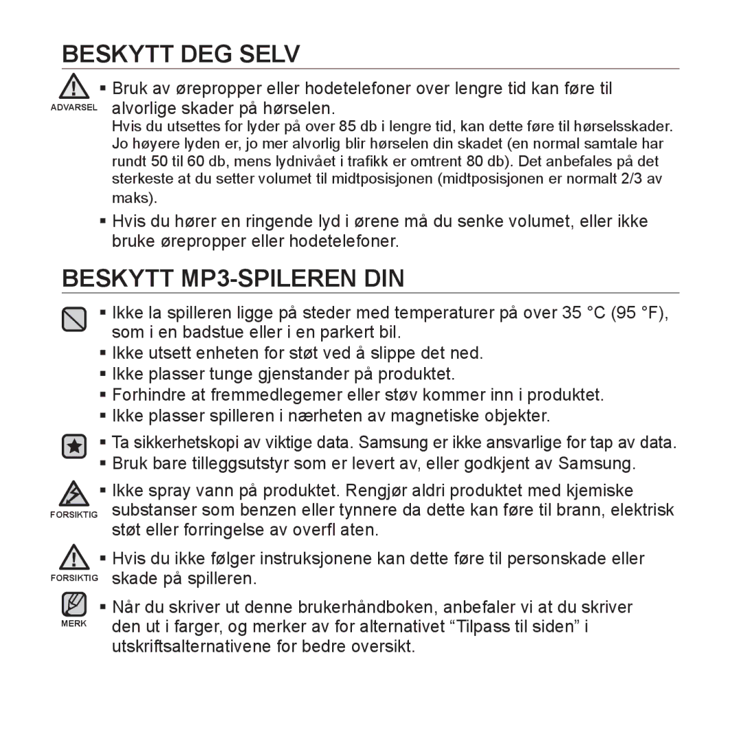 Samsung YP-Q1JAB/XEE, YP-Q1JEB/XEE, YP-Q1JCB/XEE manual Beskytt MP3-SPILEREN DIN 