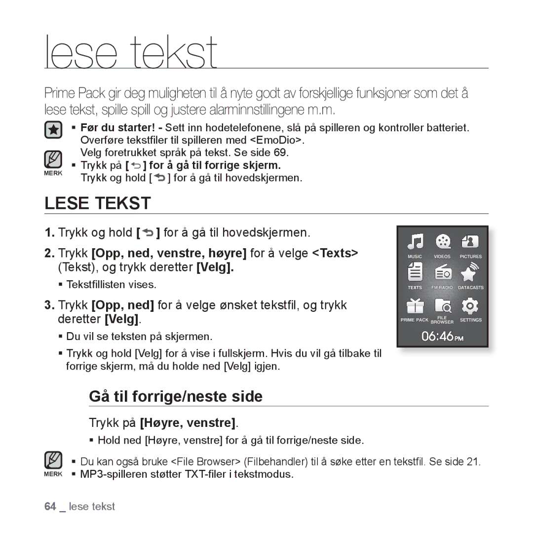 Samsung YP-Q1JCB/XEE, YP-Q1JEB/XEE, YP-Q1JAB/XEE Lese tekst, Lese Tekst, Gå til forrige/neste side, Trykk på Høyre, venstre 