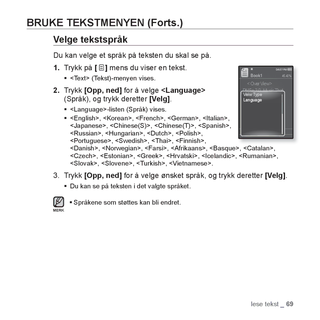 Samsung YP-Q1JEB/XEE, YP-Q1JCB/XEE, YP-Q1JAB/XEE manual Velge tekstspråk 