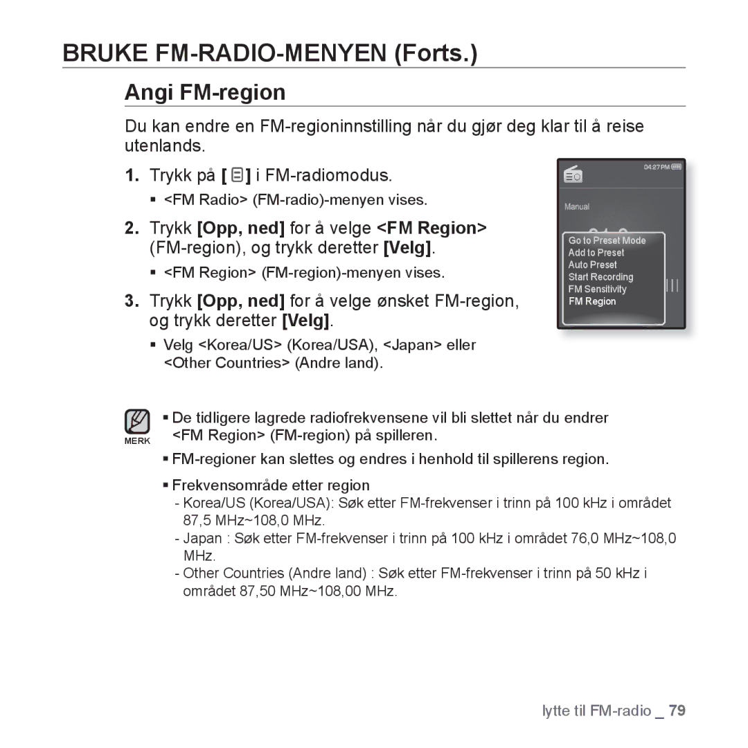 Samsung YP-Q1JCB/XEE, YP-Q1JEB/XEE, YP-Q1JAB/XEE manual Angi FM-region 