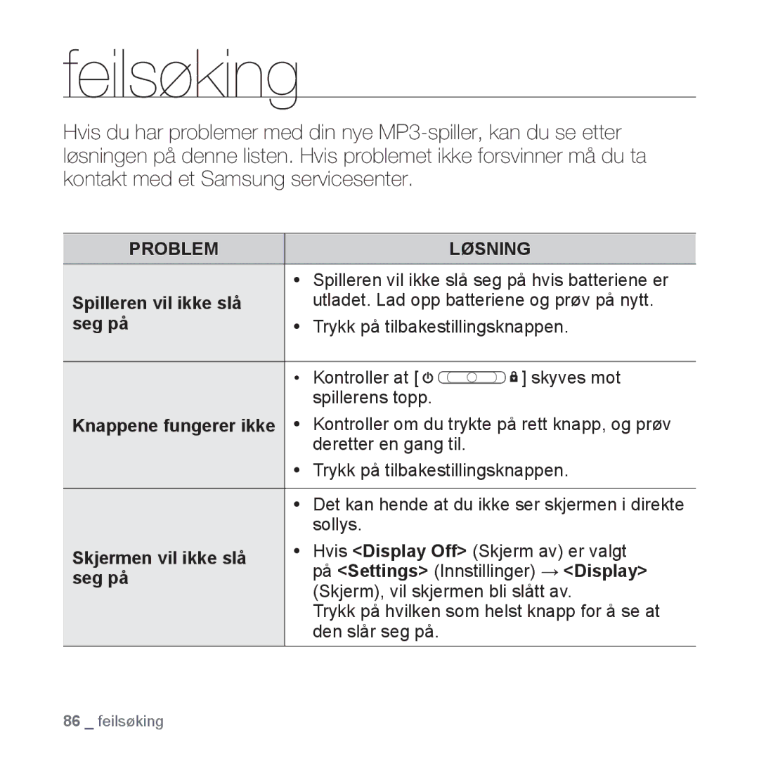 Samsung YP-Q1JAB/XEE Feilsøking, Spilleren vil ikke slå, Seg på, Skjermen vil ikke slå, På Settings Innstillinger Display 