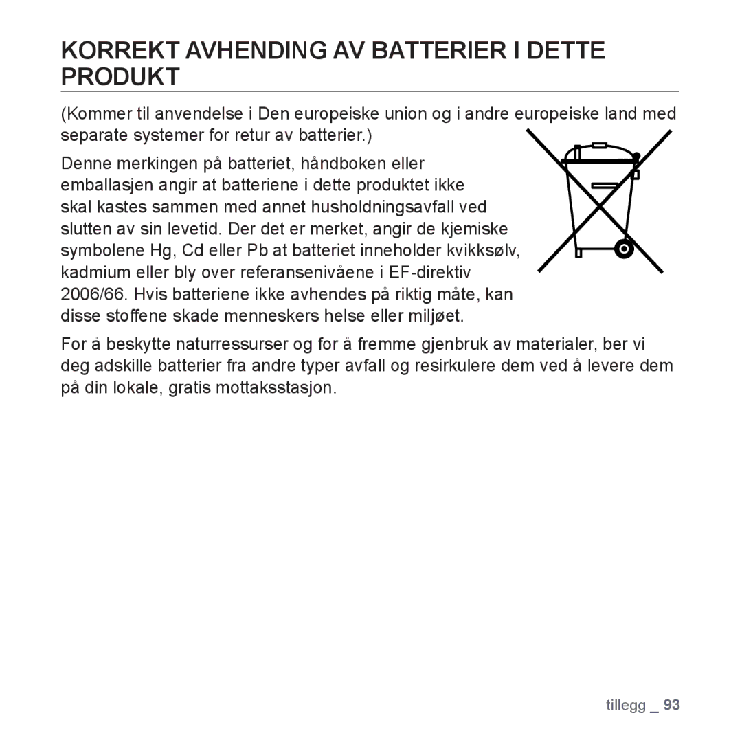 Samsung YP-Q1JEB/XEE, YP-Q1JCB/XEE, YP-Q1JAB/XEE manual Korrekt Avhending AV Batterier I Dette Produkt 