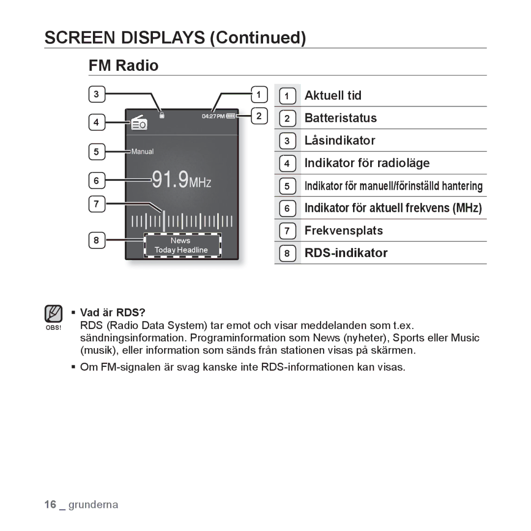 Samsung YP-Q1JCB/XEE manual Screen Displays, FM Radio, Låsindikator Indikator för radioläge, Frekvensplats RDS-indikator 