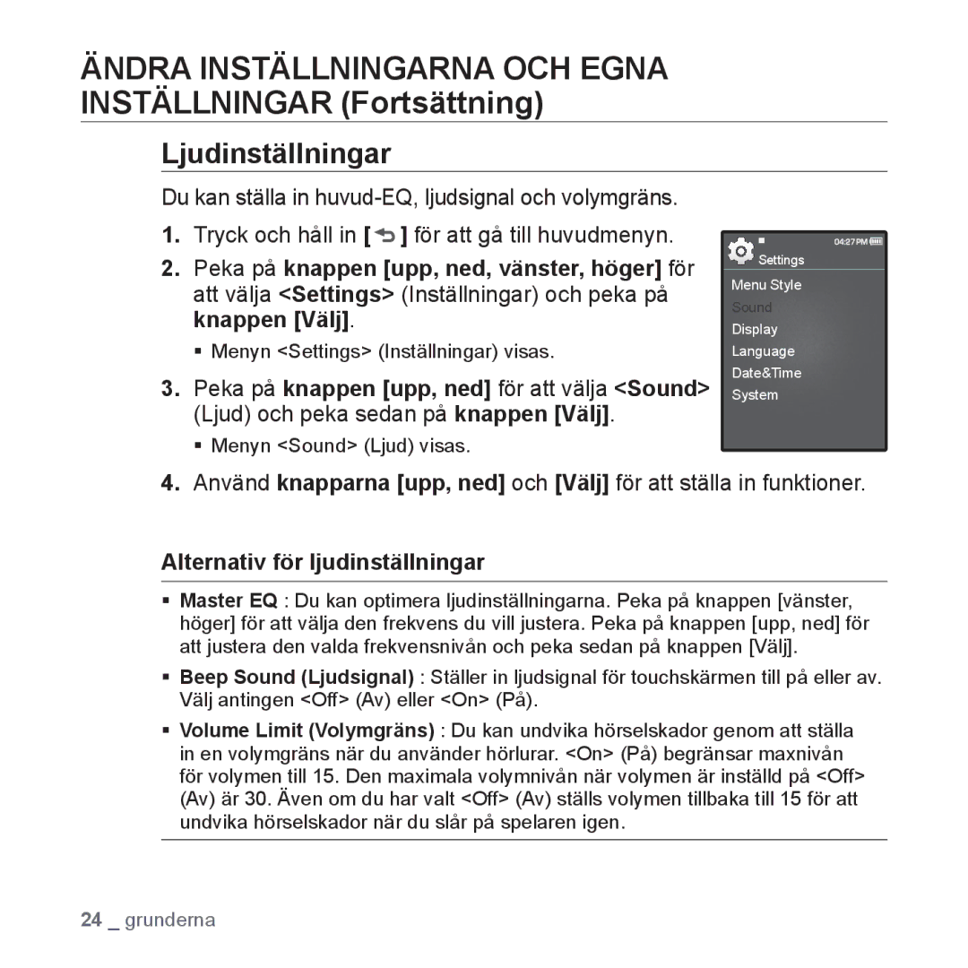 Samsung YP-Q1JEB/XEE, YP-Q1JCB/XEE manual Ändra Inställningarna OCH Egna Inställningar Fortsättning, Ljudinställningar 