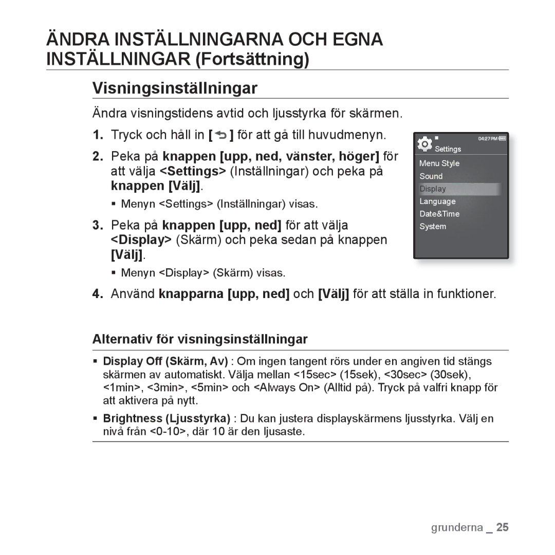 Samsung YP-Q1JCB/XEE manual Visningsinställningar, Alternativ för visningsinställningar, ƒ Menyn Display Skärm visas 