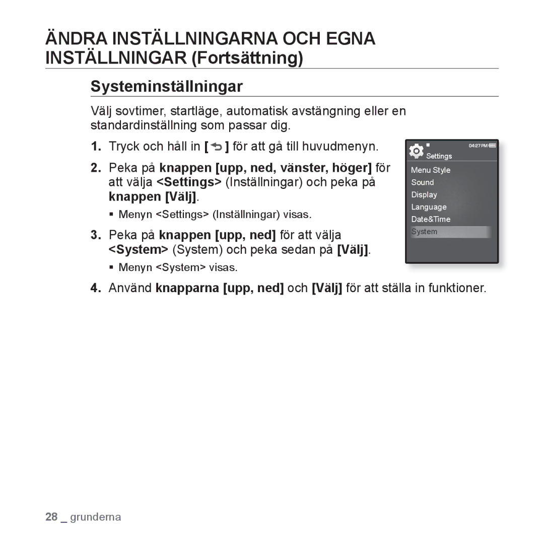 Samsung YP-Q1JCB/XEE, YP-Q1JEB/XEE, YP-Q1JAB/XEE manual Systeminställningar, ƒ Menyn System visas 