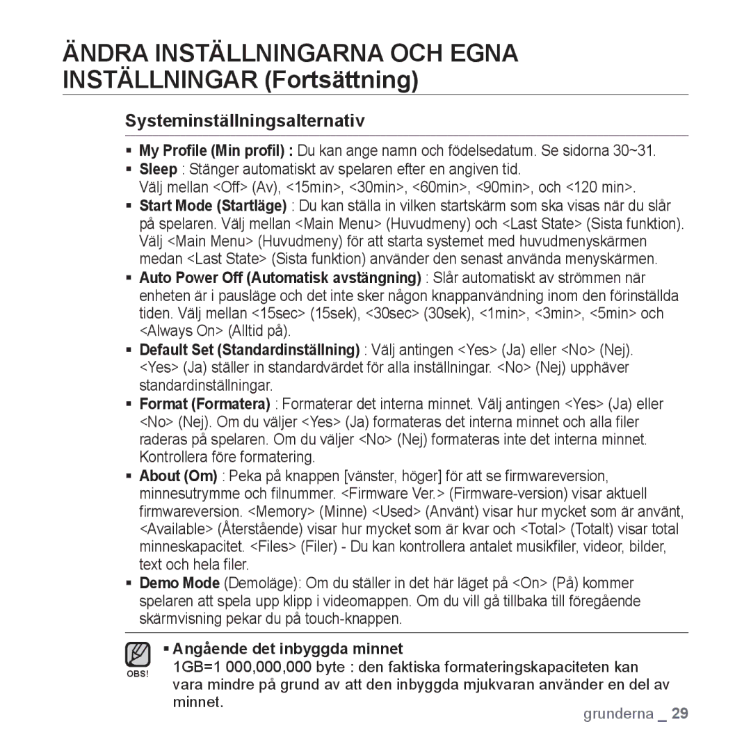 Samsung YP-Q1JAB/XEE, YP-Q1JEB/XEE, YP-Q1JCB/XEE manual Systeminställningsalternativ, ƒ Angående det inbyggda minnet 