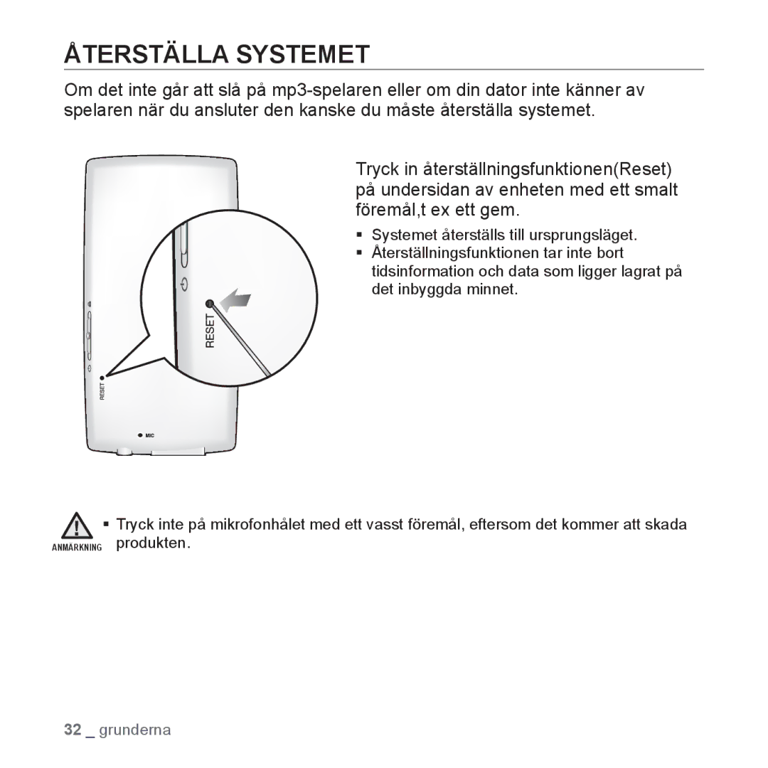 Samsung YP-Q1JAB/XEE, YP-Q1JEB/XEE, YP-Q1JCB/XEE manual Återställa Systemet 