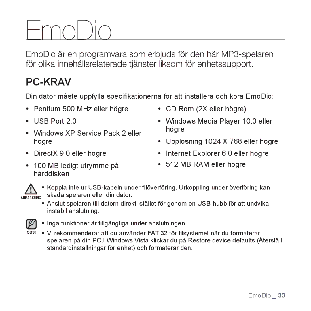 Samsung YP-Q1JEB/XEE, YP-Q1JCB/XEE, YP-Q1JAB/XEE manual EmoDio, Pc-Krav 