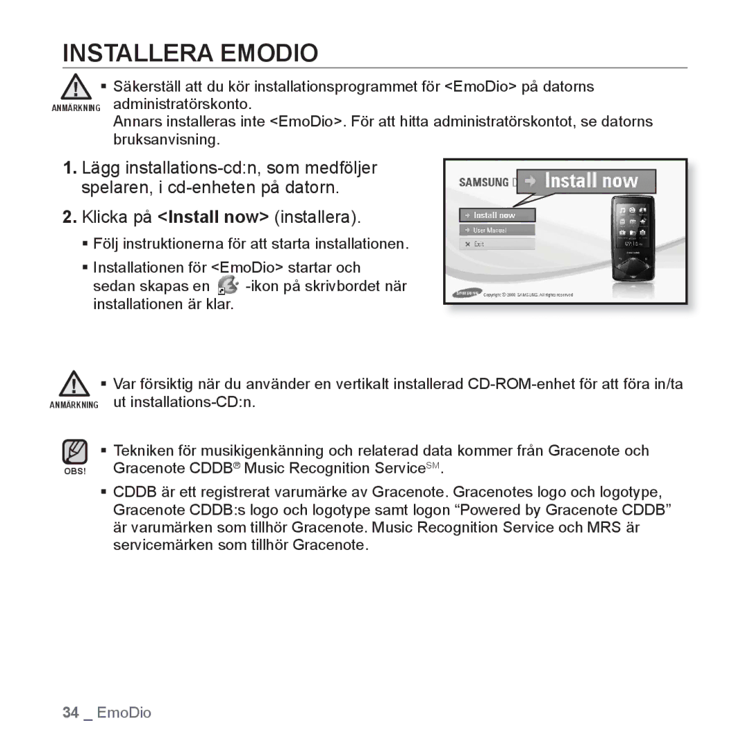 Samsung YP-Q1JCB/XEE, YP-Q1JEB/XEE, YP-Q1JAB/XEE manual Installera Emodio 