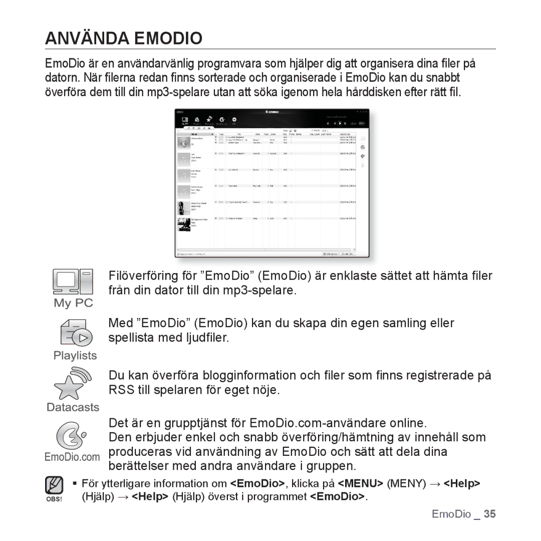 Samsung YP-Q1JAB/XEE, YP-Q1JEB/XEE, YP-Q1JCB/XEE manual Använda Emodio 