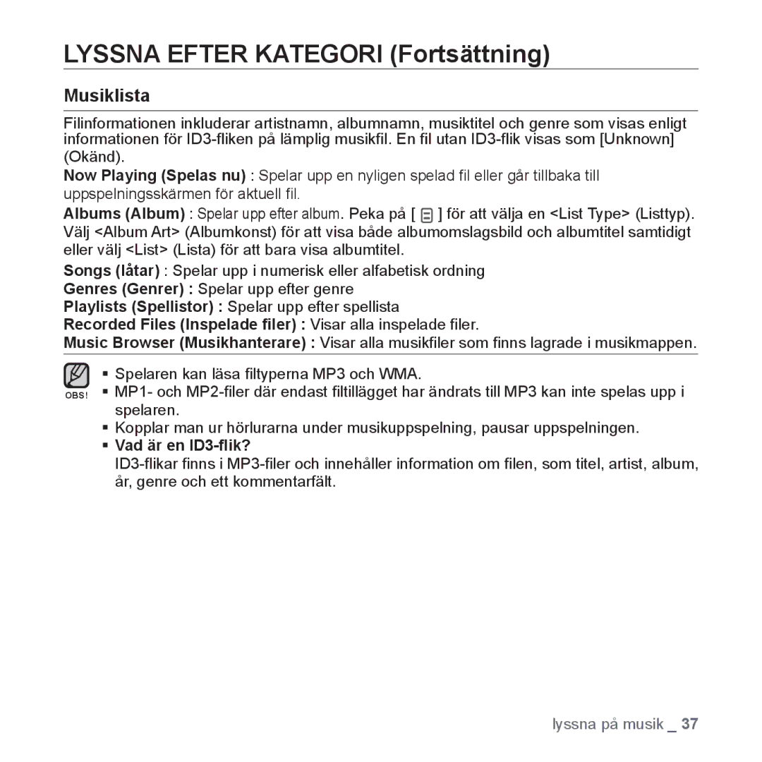 Samsung YP-Q1JCB/XEE, YP-Q1JEB/XEE, YP-Q1JAB/XEE manual Lyssna Efter Kategori Fortsättning, Musiklista 