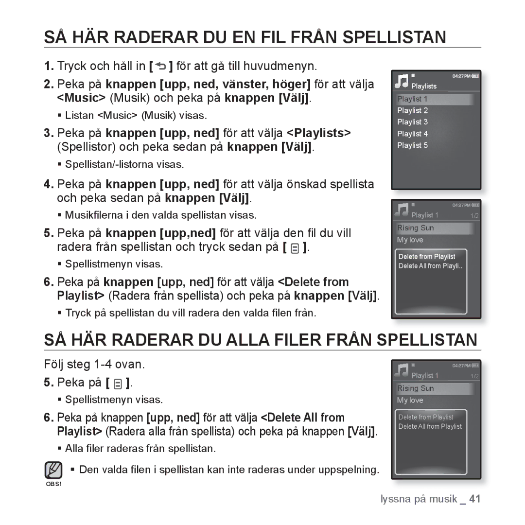 Samsung YP-Q1JAB/XEE, YP-Q1JEB/XEE SÅ HÄR Raderar DU EN FIL Från Spellistan, SÅ HÄR Raderar DU Alla Filer Från Spellistan 