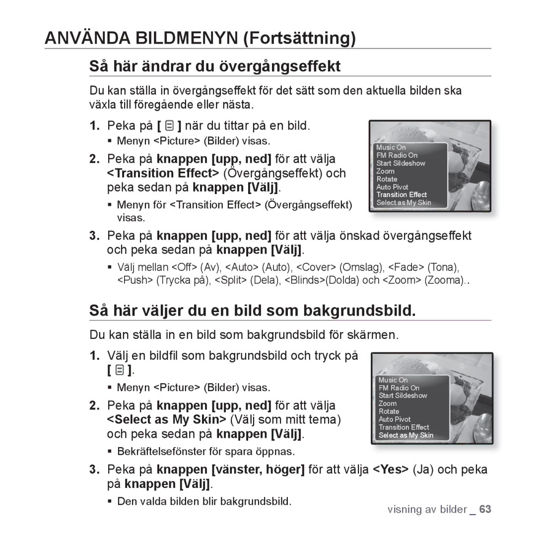 Samsung YP-Q1JEB/XEE, YP-Q1JCB/XEE manual Så här ändrar du övergångseffekt, Så här väljer du en bild som bakgrundsbild 