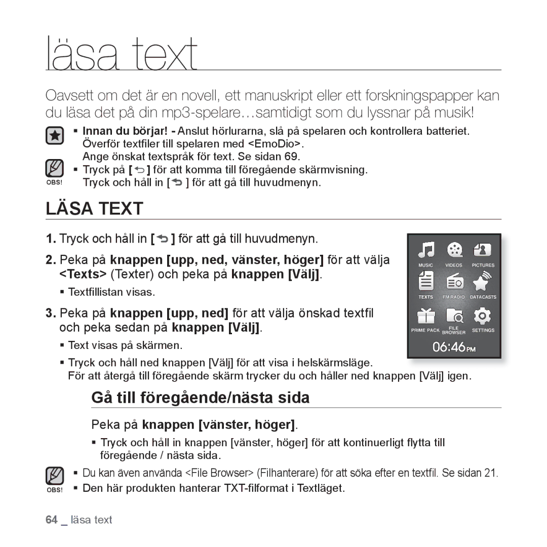 Samsung YP-Q1JCB/XEE, YP-Q1JEB/XEE Läsa text, Läsa Text, Gå till föregående/nästa sida, Peka på knappen vänster, höger 