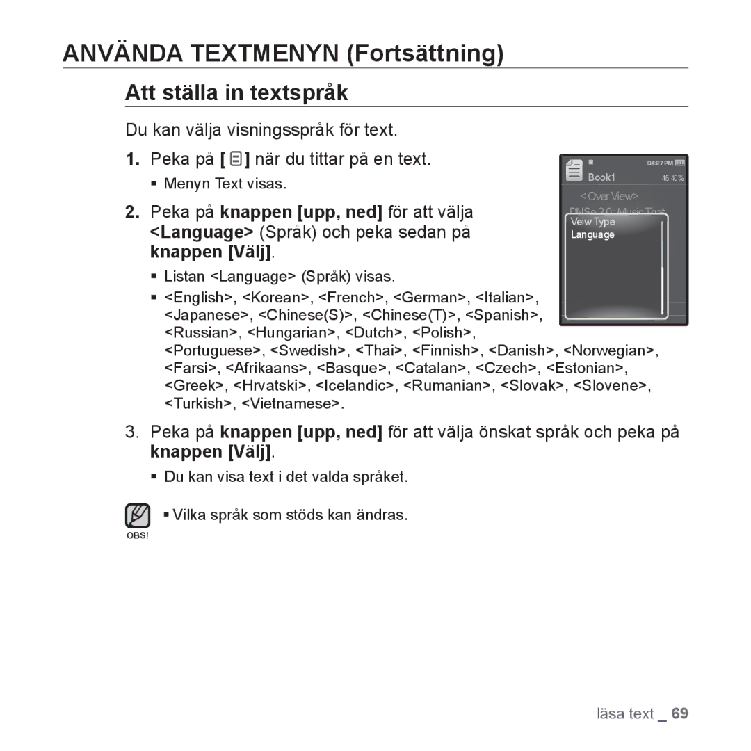 Samsung YP-Q1JEB/XEE Att ställa in textspråk, Peka på knappen upp, ned för att välja, Language Språk och peka sedan på 