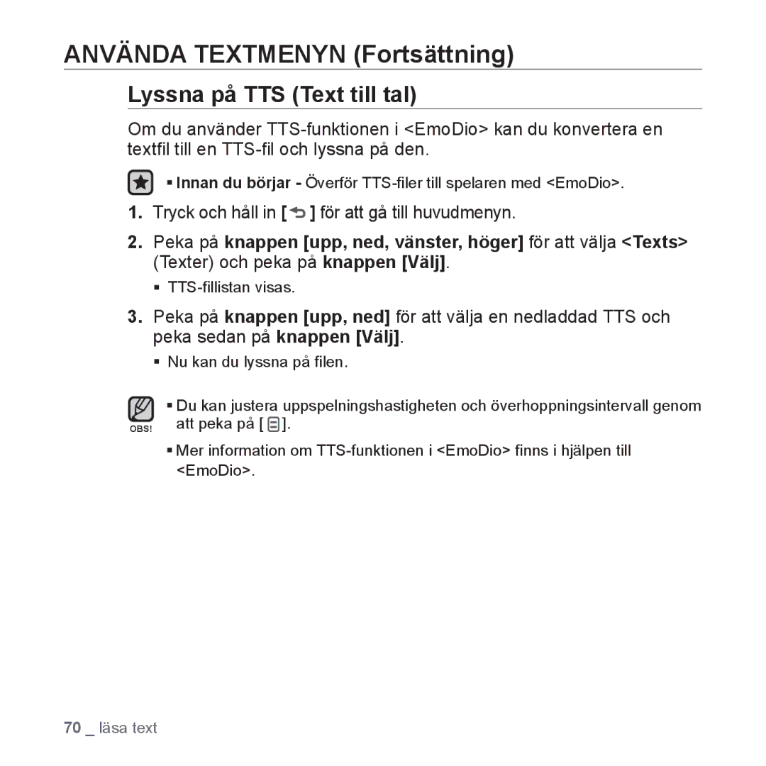 Samsung YP-Q1JCB/XEE manual Lyssna på TTS Text till tal, ƒ Innan du börjar Överför TTS-ﬁler till spelaren med EmoDio 