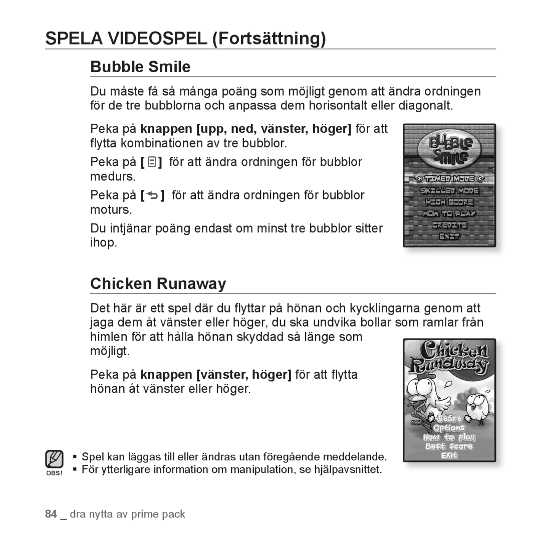 Samsung YP-Q1JEB/XEE, YP-Q1JCB/XEE, YP-Q1JAB/XEE manual Spela Videospel Fortsättning, Bubble Smile, Chicken Runaway 