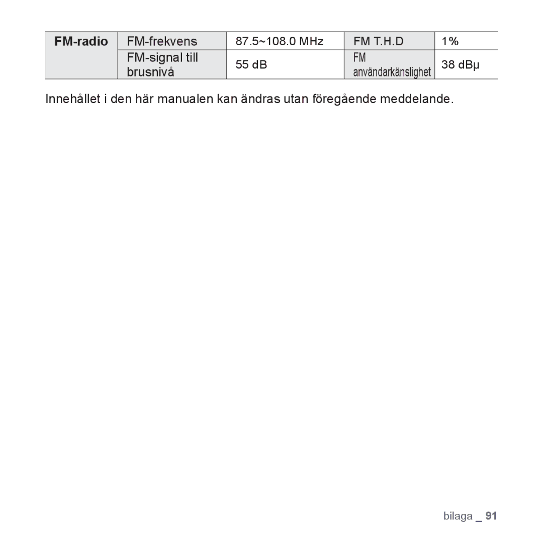 Samsung YP-Q1JCB/XEE, YP-Q1JEB/XEE, YP-Q1JAB/XEE manual FM-radio, FM-frekvens, FM-signal till, Brusnivå 