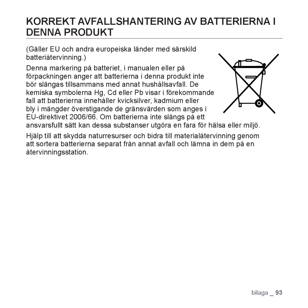 Samsung YP-Q1JEB/XEE, YP-Q1JCB/XEE, YP-Q1JAB/XEE manual Korrekt Avfallshantering AV Batterierna I Denna Produkt 